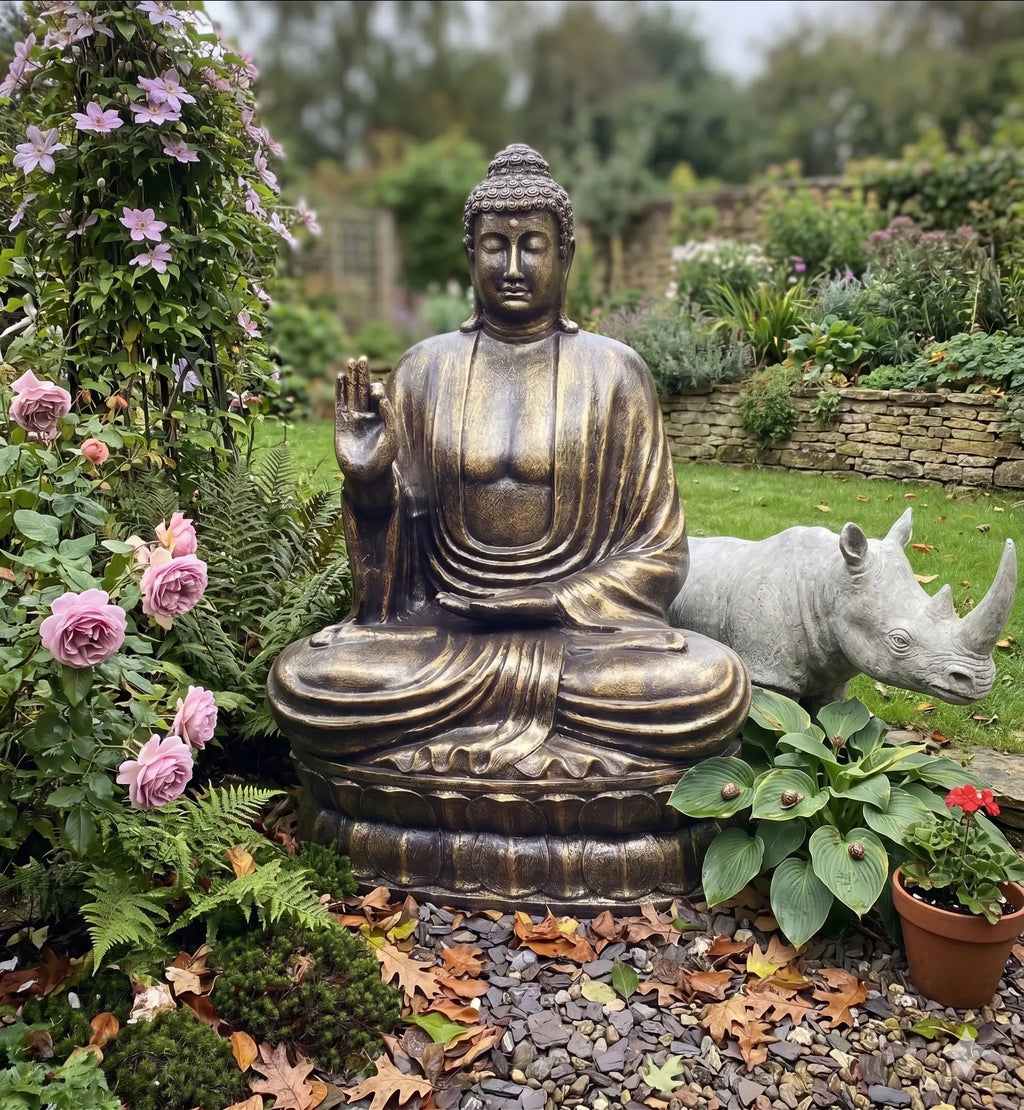 Large Antique Gold Buddha Teaching on Lotus - 2m statue seated in a serene garden surrounded by pink roses, greenery, and a white rhino sculpture, showcasing hand-carved brass decor.