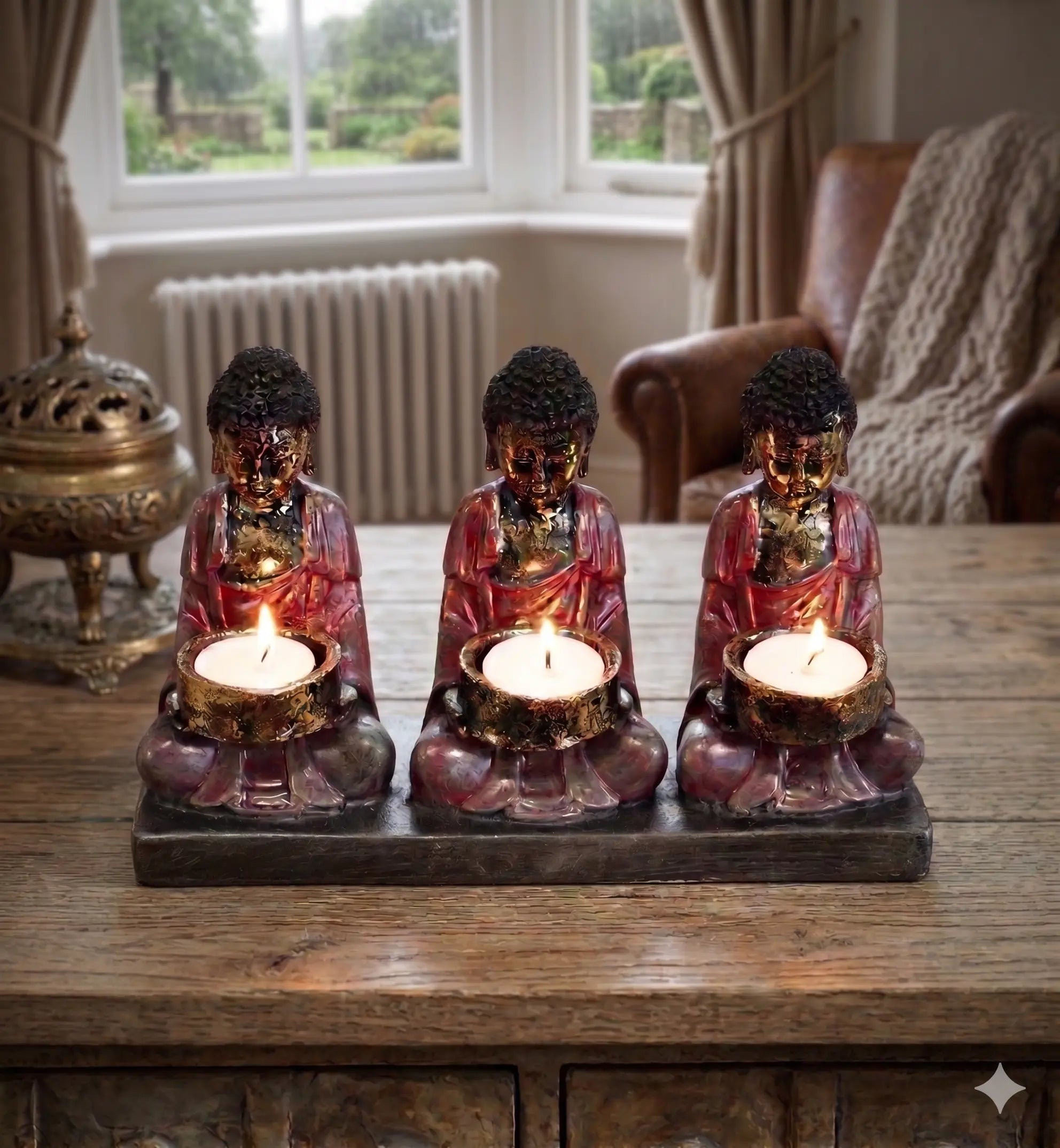 Antique Buddha - Three Devotees Candle Holder featuring three hand-painted Buddha figures holding small candles, set on a rustic black base, evoking serene Buddha decor.