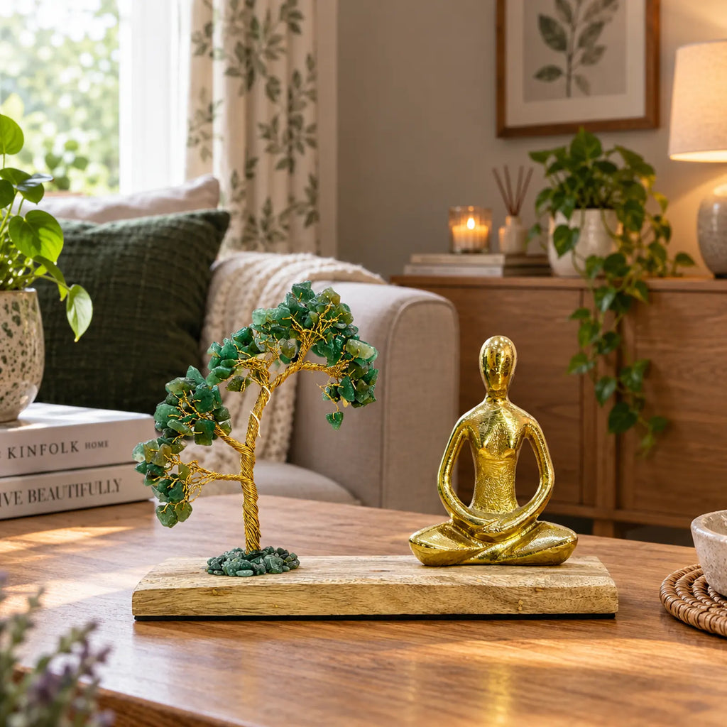 Gemstone Yoga Garden - Padmasana Pose - Green Aventurine Tilted Tree with 100 Chipstones