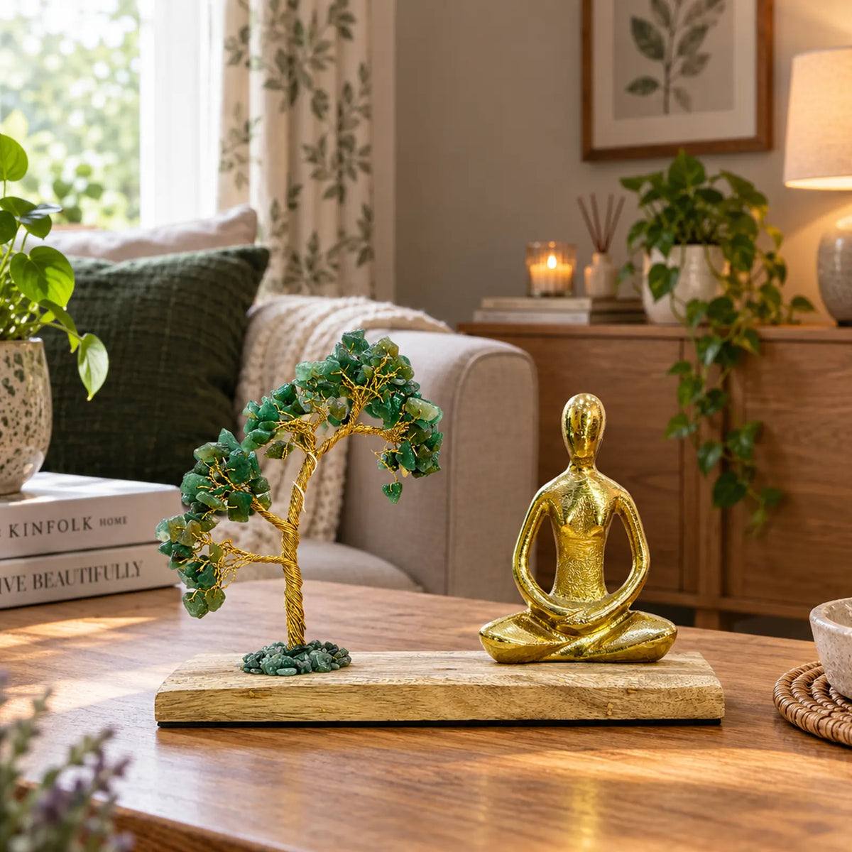 Gemstone Yoga Garden - Padmasana Pose - Green Aventurine Tilted Tree with 100 Chipstones