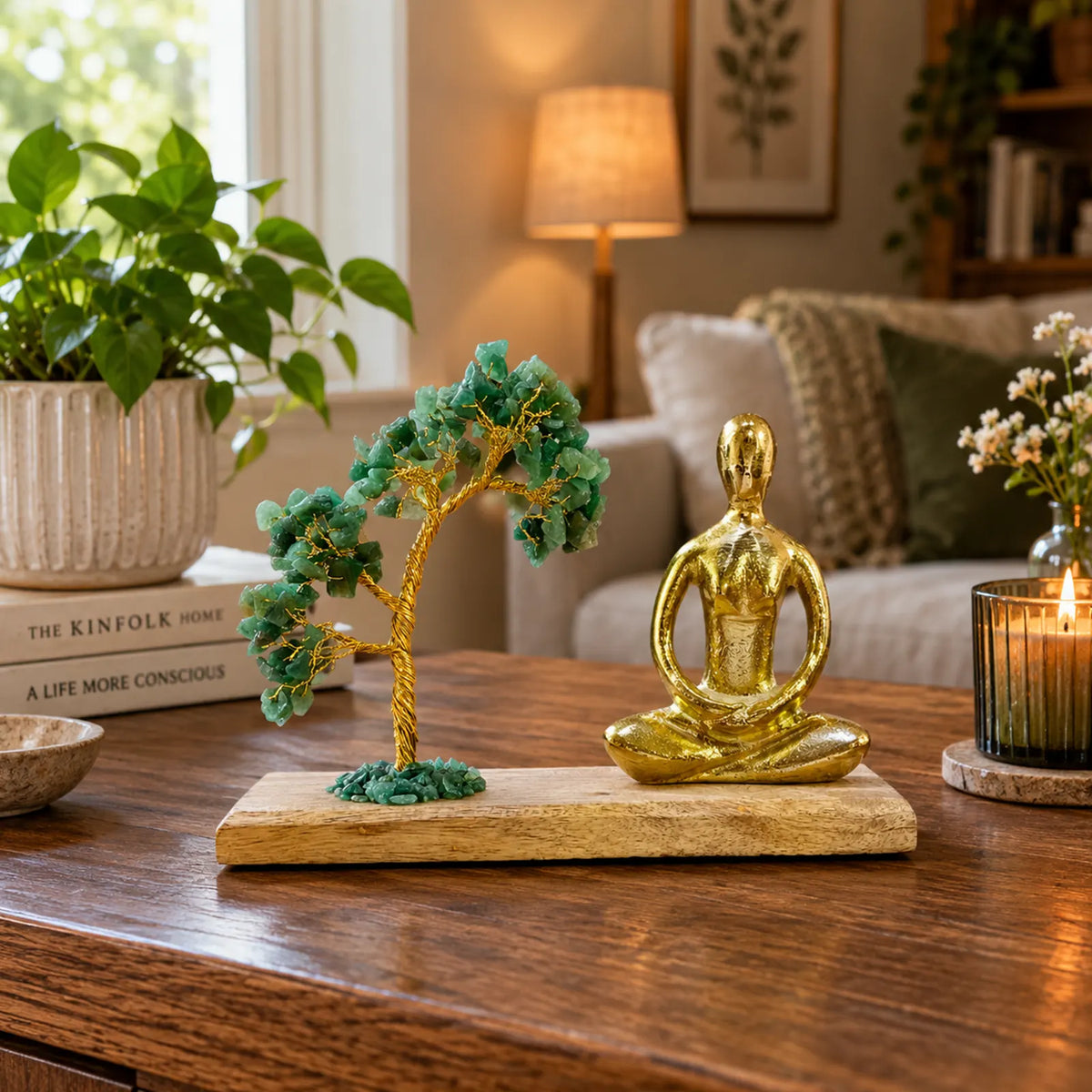 Gemstone Yoga Garden - Padmasana Pose - Green Aventurine Tilted Tree with 100 Chipstones