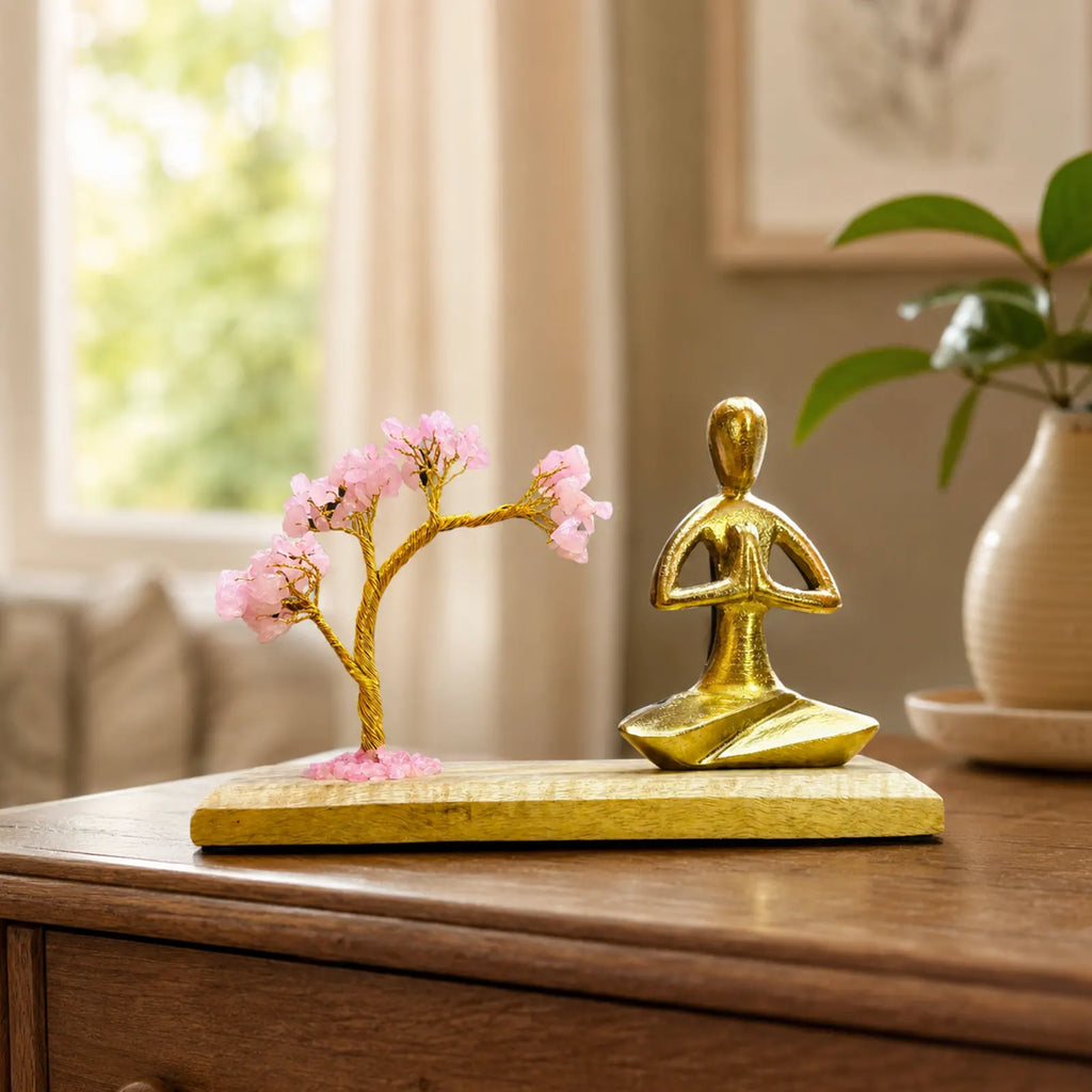 Gemstone Yoga Garden - Namaste Pose - Rose Quartz Tilted Tree with 100 Chipstones