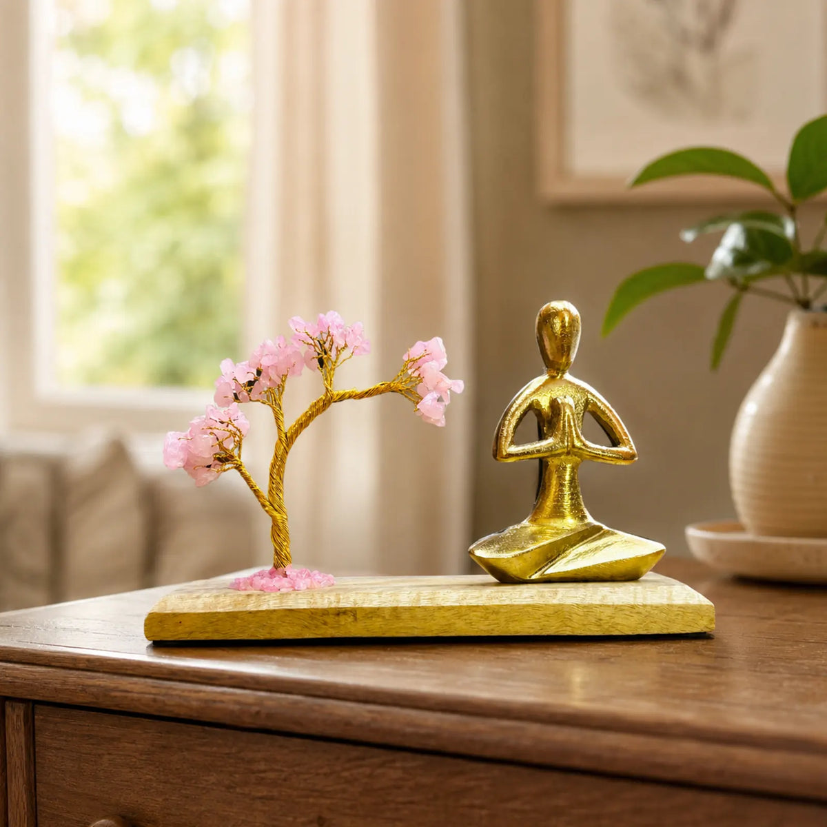 Gemstone Yoga Garden - Namaste Pose - Rose Quartz Tilted Tree with 100 Chipstones