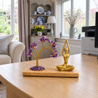 Gemstone Yoga Garden, Sukhasana Pose, Amethyst Tilted Tree with 100 Chipstones on a desk in a British sitting room.