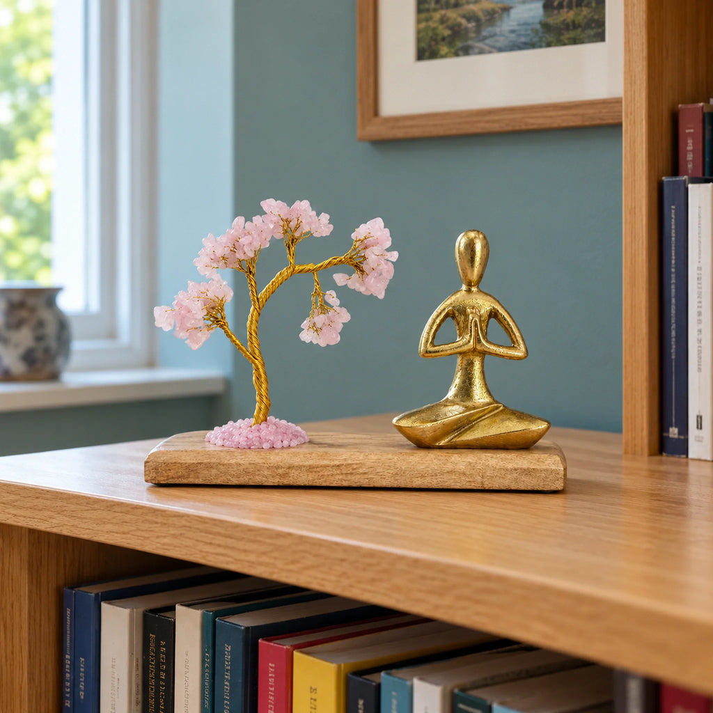 Gemstone Yoga Garden, Namaste Pose, Rose Quartz Tilted Tree with 100 Chipstones on a bookshelf in a British study.