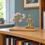 Gemstone Yoga Garden, Namaste Pose, Rose Quartz Tilted Tree with 100 Chipstones on a bookshelf in a British study.