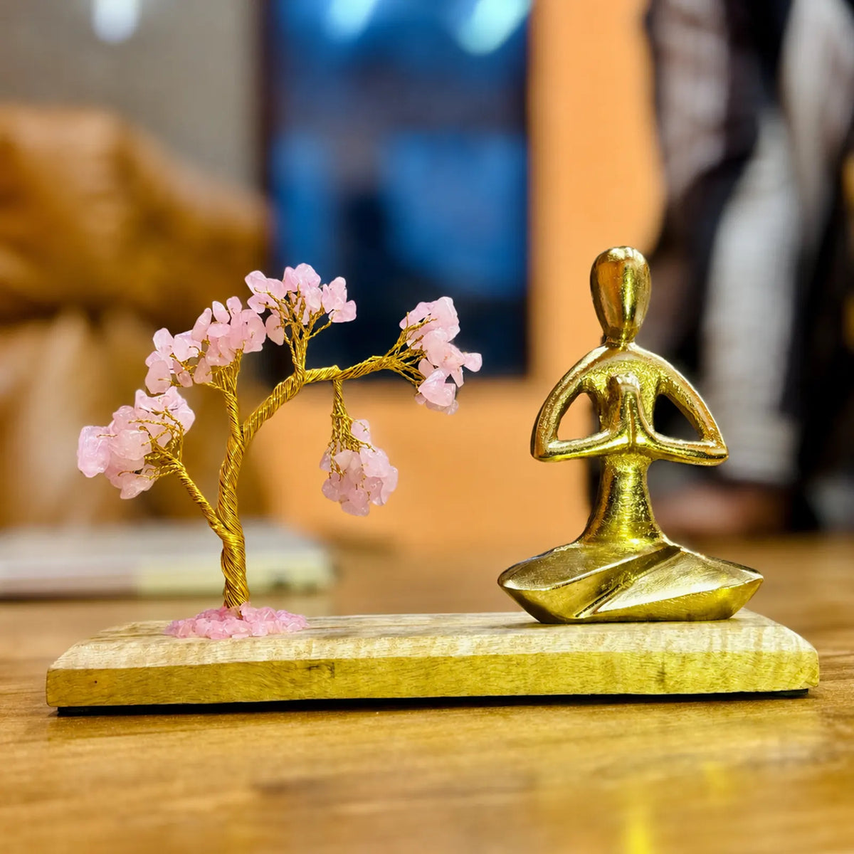 Gemstone Yoga Garden - Namaste Pose - Rose Quartz Tilted Tree with 100 Chipstones