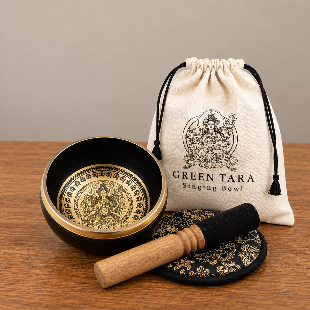 Green Tara Hand Beaten Engraved Singing Bowl Gift Set - 14cm