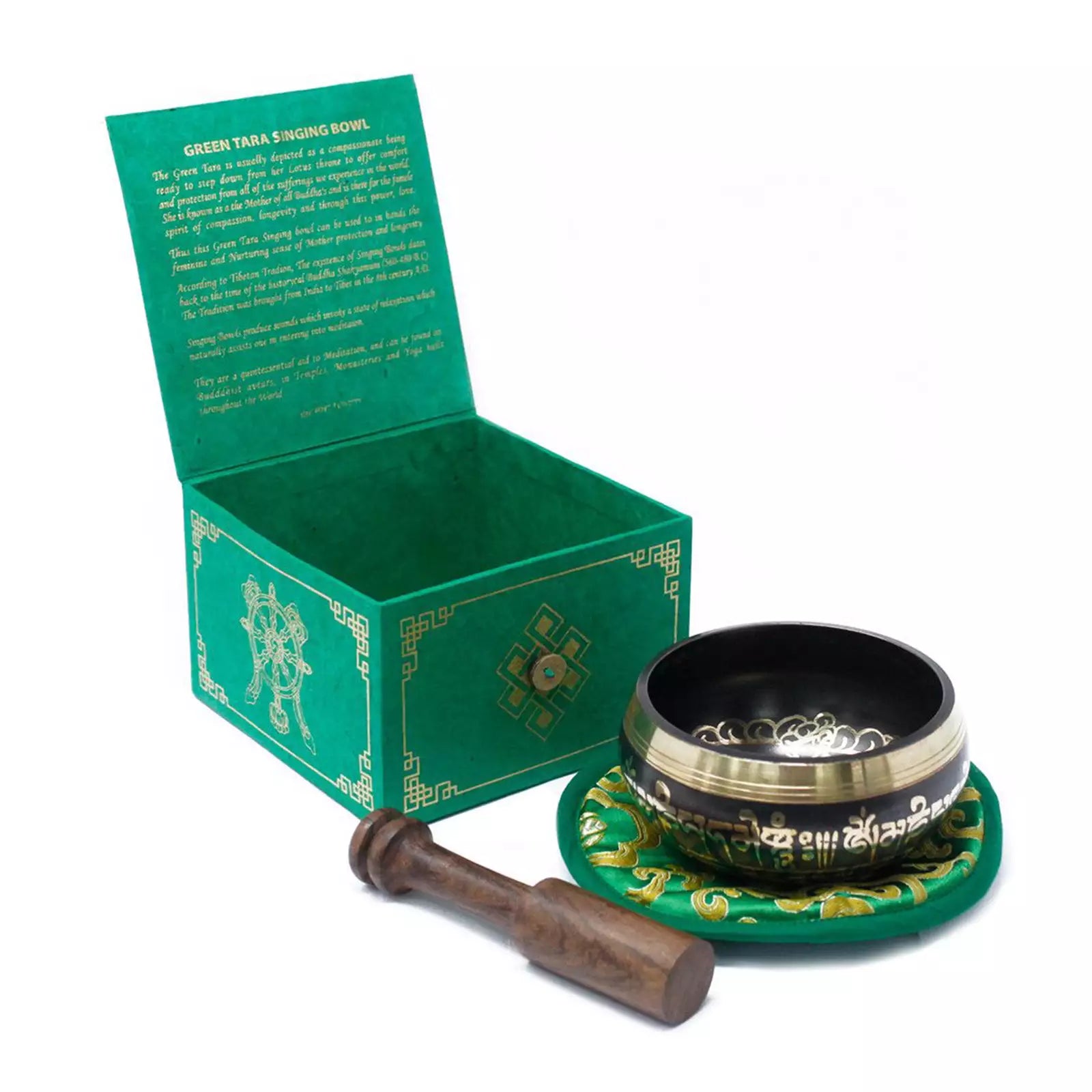 Green Tara singing bowl set with a green decorative box, a black and gold Tibetan singing bowl on a matching green cushion, and a wooden mallet on a white background.