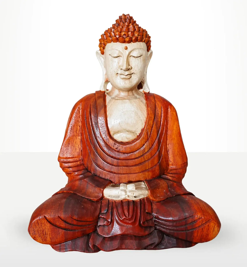 Hand Carved Buddha Statue - 30cm Hand Down featuring a peaceful seated figure with a serene expression, carved in natural wood tones with detailed robes and textured hair.
