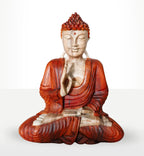 Hand Carved Buddha Statue - 30cm Teaching Transmission featuring detailed craftsmanship in natural wood tones, depicting Buddha in a serene meditative pose with a raised hand gesture.
