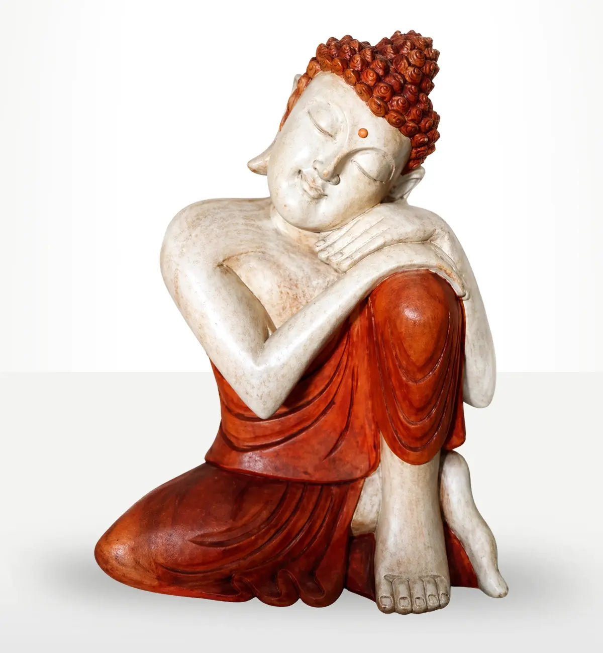 Hand Carved Buddha Statue - 30cm Thinking, featuring a serene figure with closed eyes resting its head on folded arms, dressed in flowing robes with intricate hair detailing.