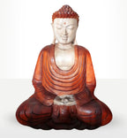 Hand Carved Buddha Statue - 40cm Hand Down featuring detailed craftsmanship in warm wood tones, depicting a serene Buddha seated in meditation with hands resting in the lap.