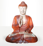 Hand Carved Buddha Statue - 40cm Teaching Transmission featuring a serene seated figure with detailed facial expression and hand gesture, crafted in warm wood tones with intricate robe folds.