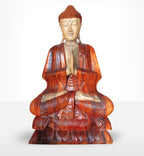 Hand Carved Buddha Statue - 80cm Welcome showing a detailed wood finish with Buddha seated in meditation pose, hands pressed together, reflecting serene and peaceful decor.