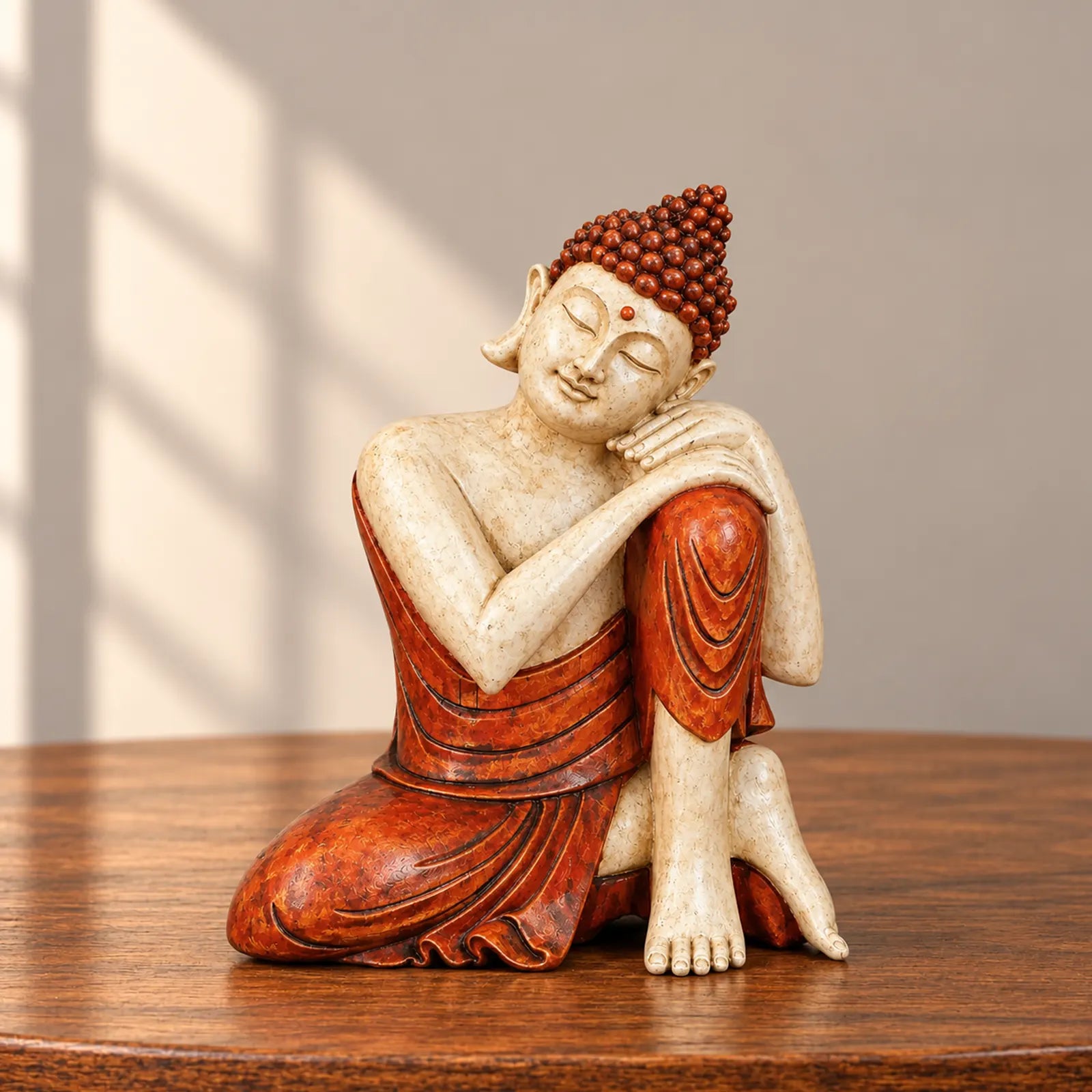 Hand Carved Wooden Buddha Sitting Statue - 25cm Thinking