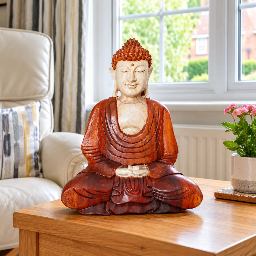Hand Carved Wooden Buddha Sitting Statue - 30cm Hand Down