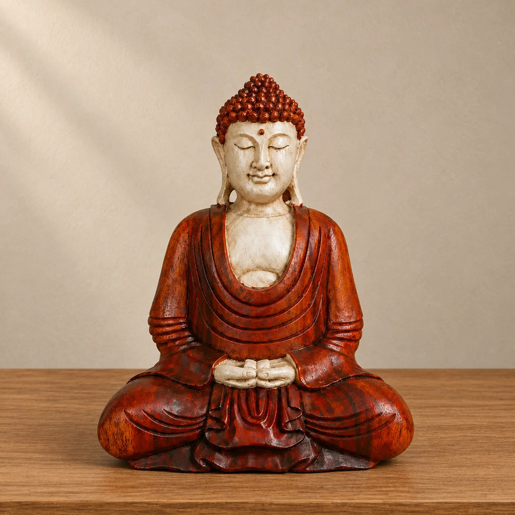 Hand Carved Wooden Buddha Sitting Statue - 30cm Hand Down