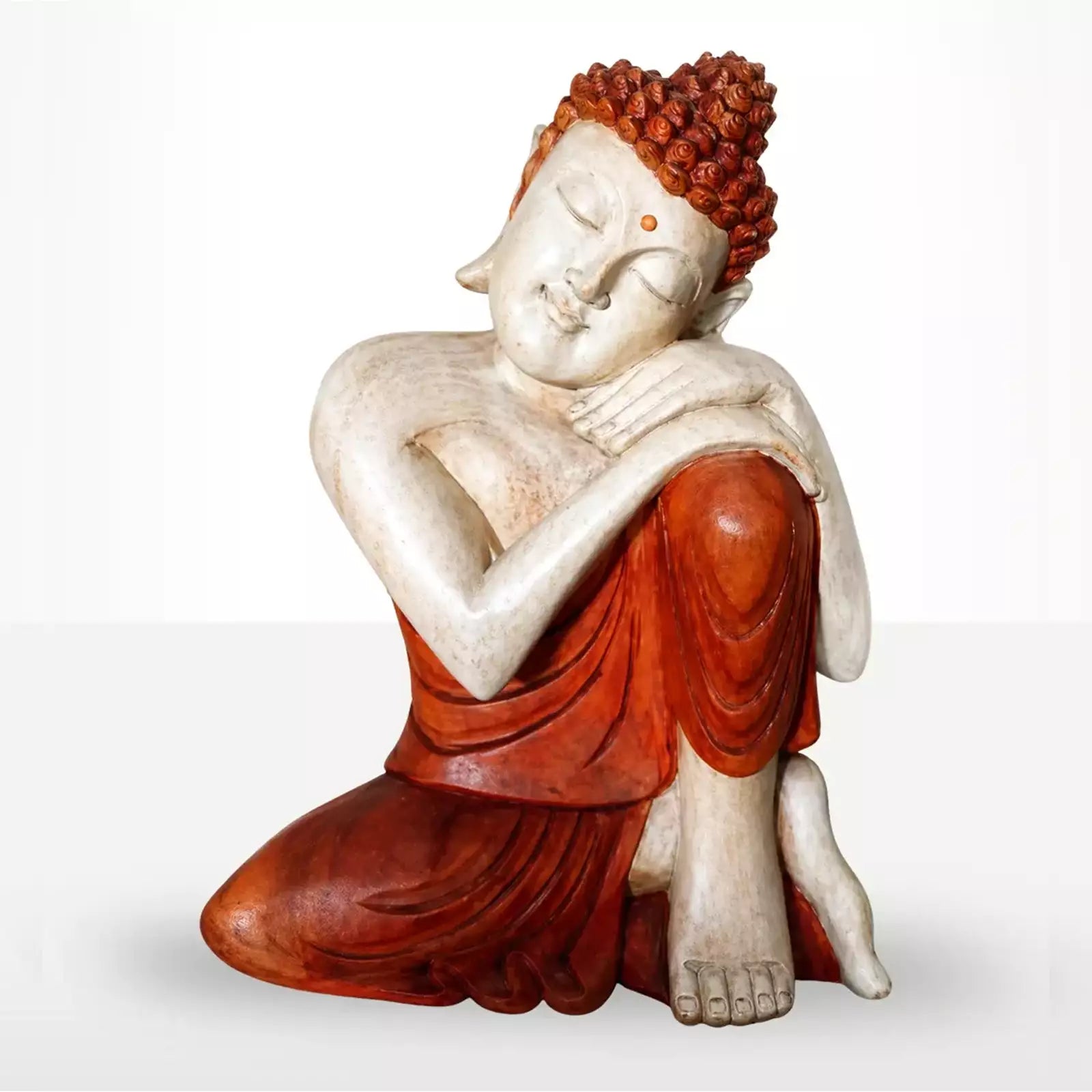Hand Carved Wooden Buddha Sitting Statue - 30cm Thinking