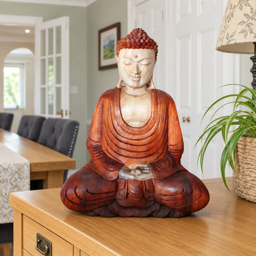 Hand Carved Wooden Buddha Sitting Statue - 40cm Hand Down
