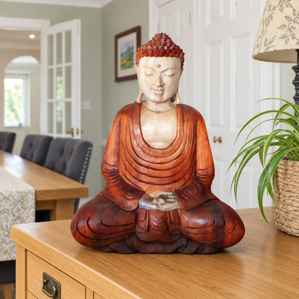 40 cm hand-carved wooden Buddha in red-brown robes with hands in its lap on an oak dining-room sideboard.