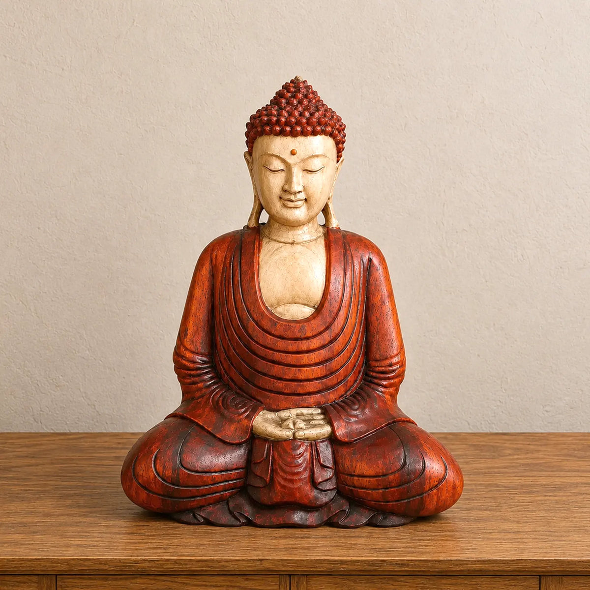 Hand Carved Wooden Buddha Sitting Statue - 40cm Hand Down