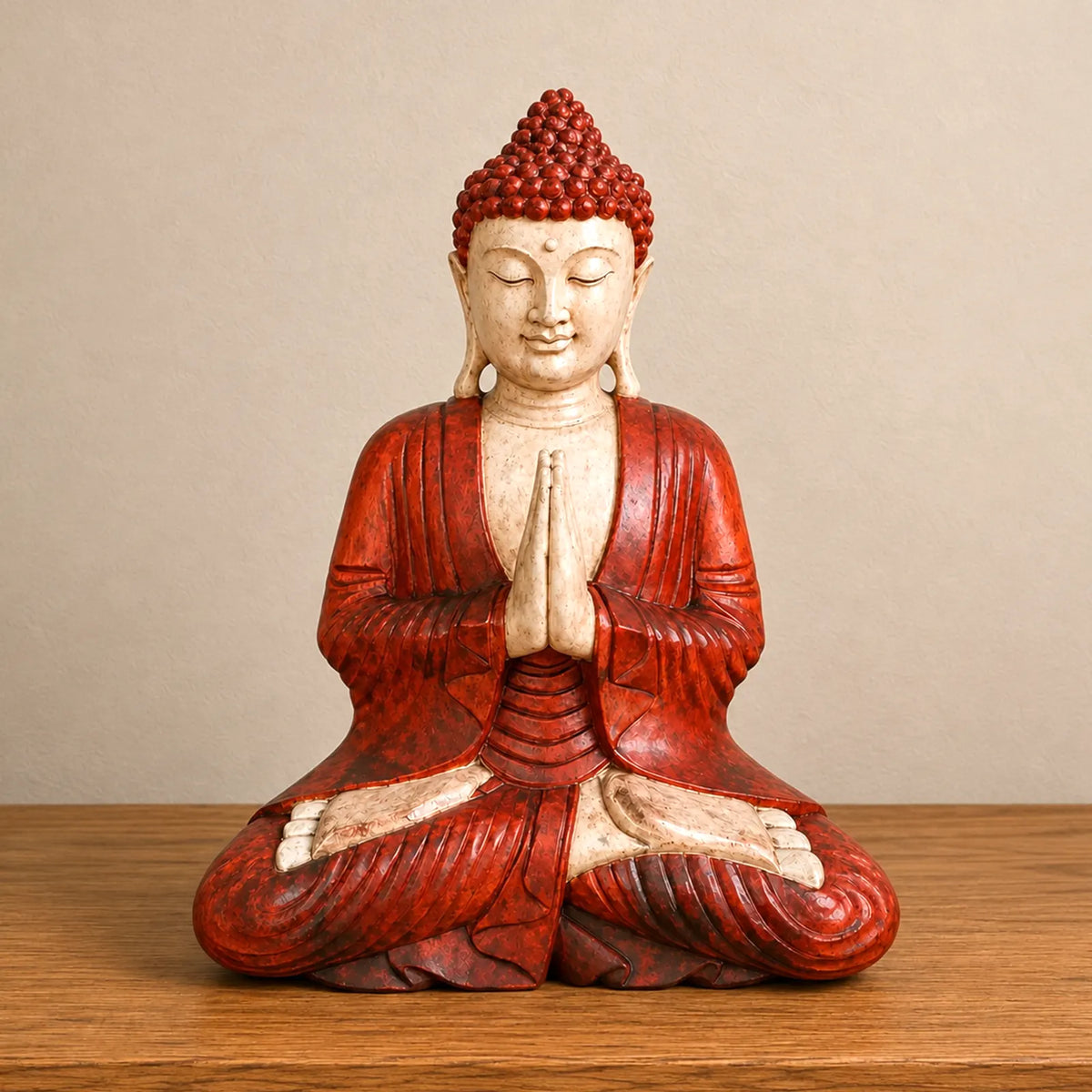 Hand Carved Wooden Buddha Sitting Statue - 40cm Welcome
