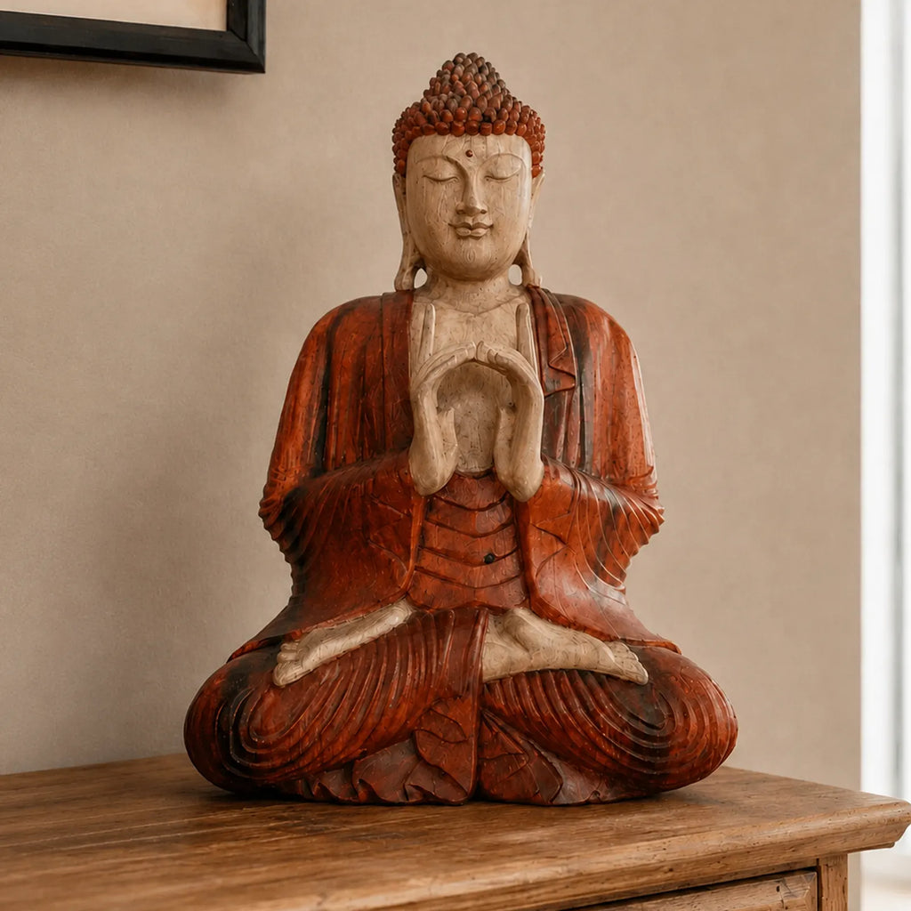 Hand Carved Wooden Buddha Sitting Statue - 60cm Two Hands