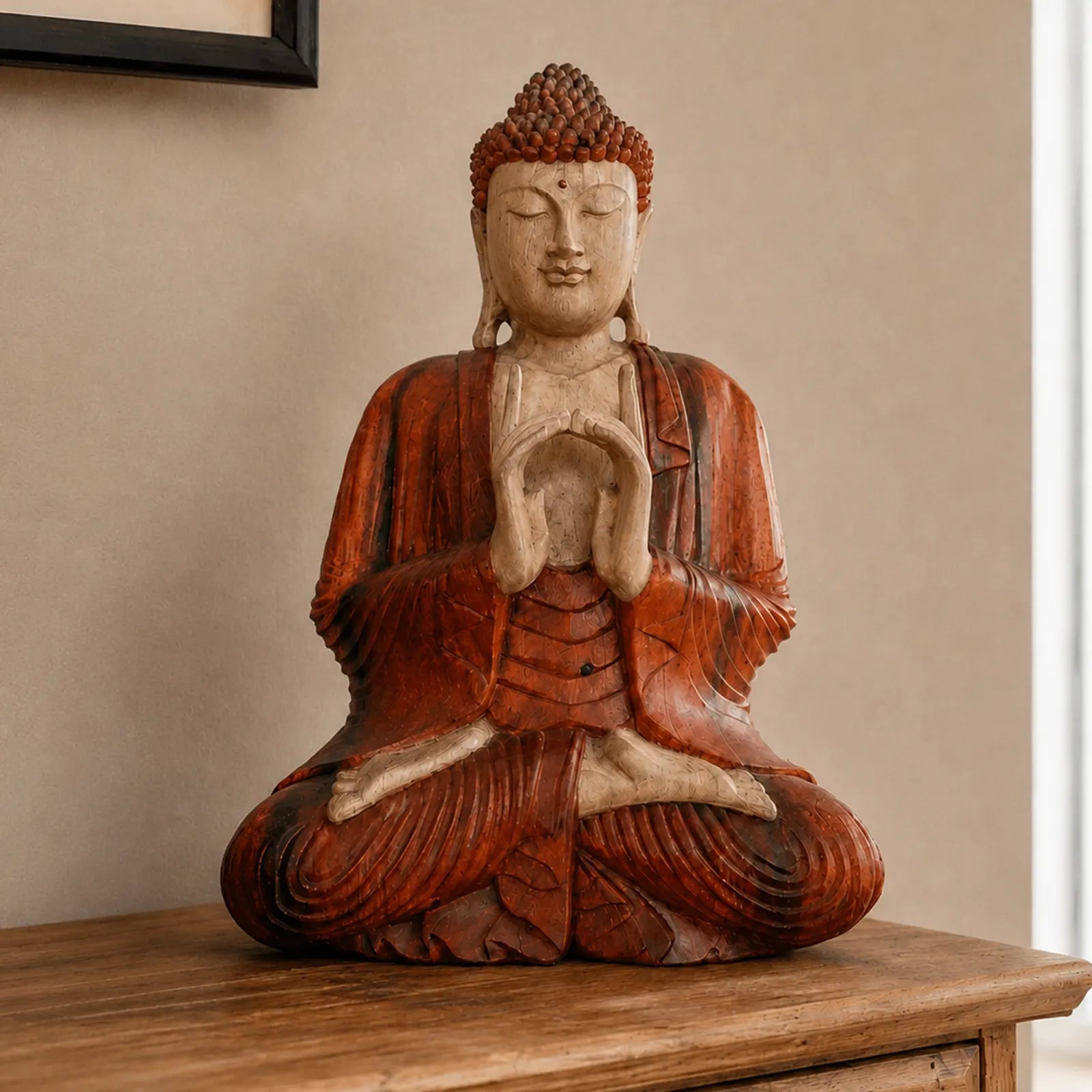 Hand Carved Wooden Buddha Sitting Statue - 60cm Two Hands