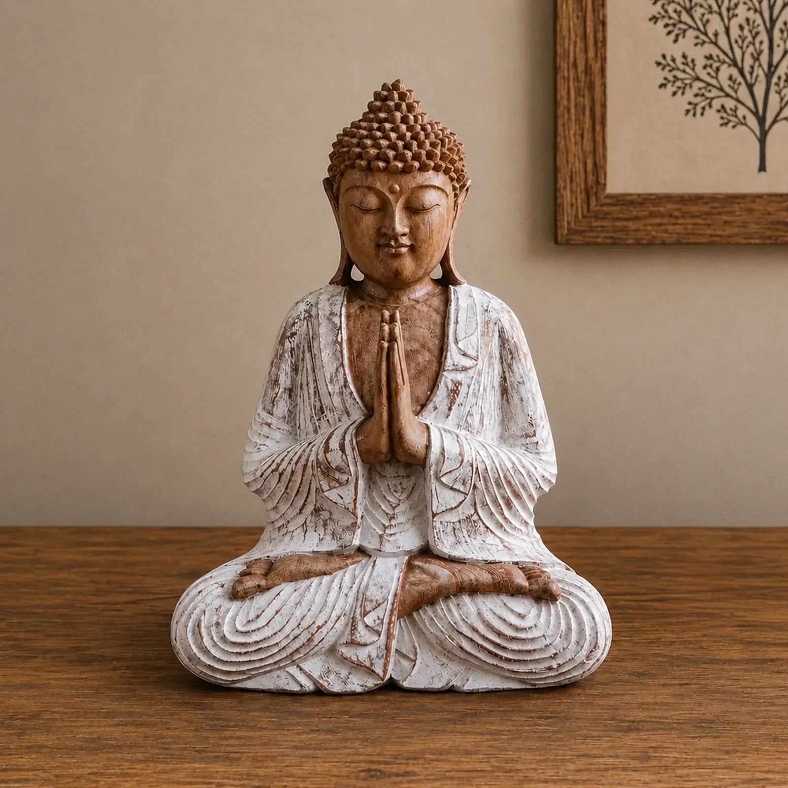 Hand Carved Wooden Buddha Sitting Statue Whitewash - 30cm Welcome