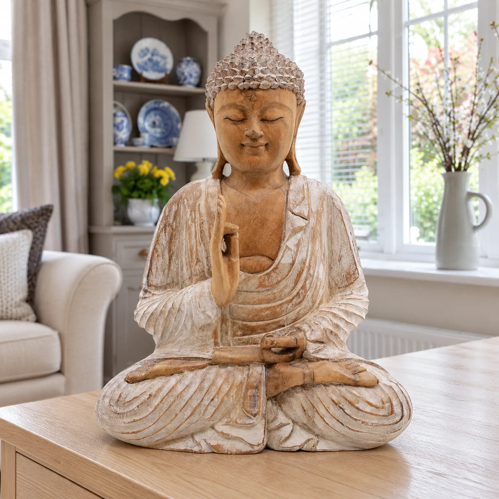 Hand Carved Wooden Buddha Sitting Statue Whitewash - 40cm Teaching Transmission
