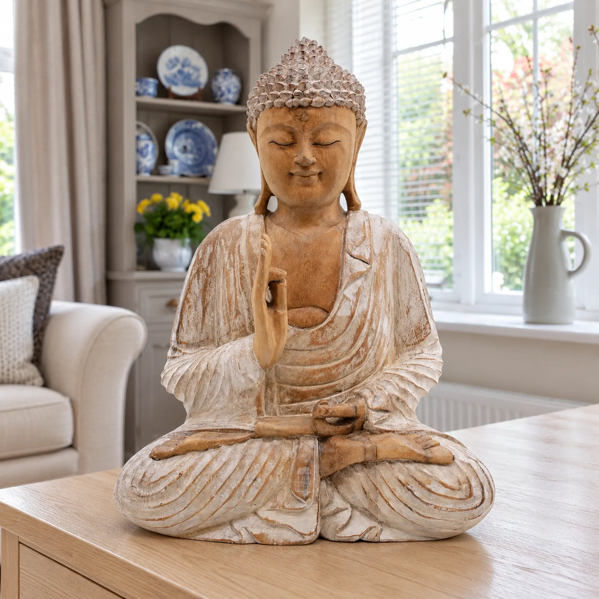 40 cm whitewashed wooden Buddha in a teaching pose on a light wood sideboard in a bright sitting room.