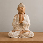 Hand Carved Wooden Buddha Sitting Statue Whitewash - 40cm Welcome