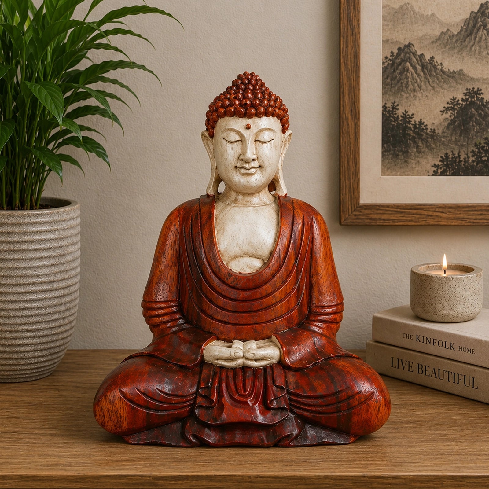 Hand Carved Wooden Buddha Statue - 30cm Hand Down seated in meditation pose on a wooden surface, surrounded by a potted plant, books, and a lit candle, evoking peaceful home decor.
