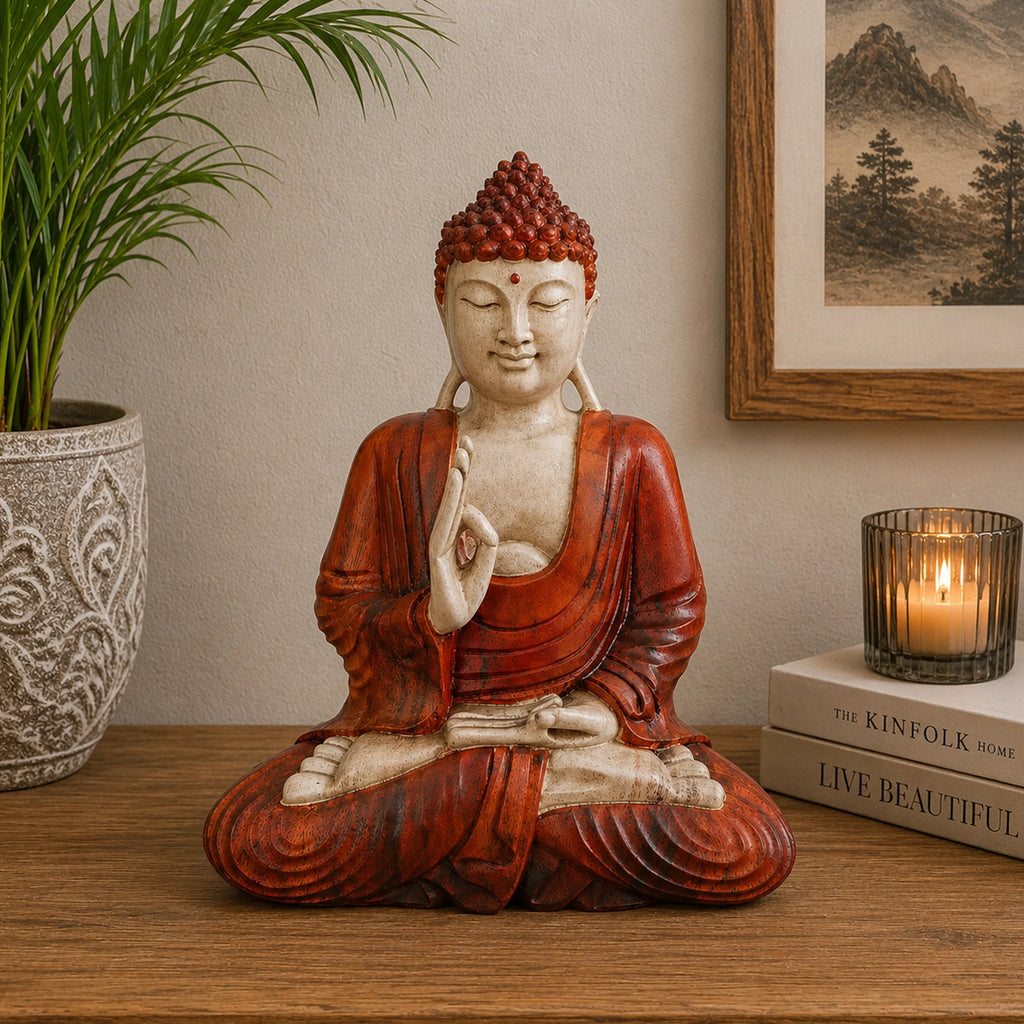 Hand Carved Wooden Buddha Statue - 30cm Teaching Transmission seated in meditation with detailed red robes, placed on a wooden surface beside a candle, plant, and framed artwork.