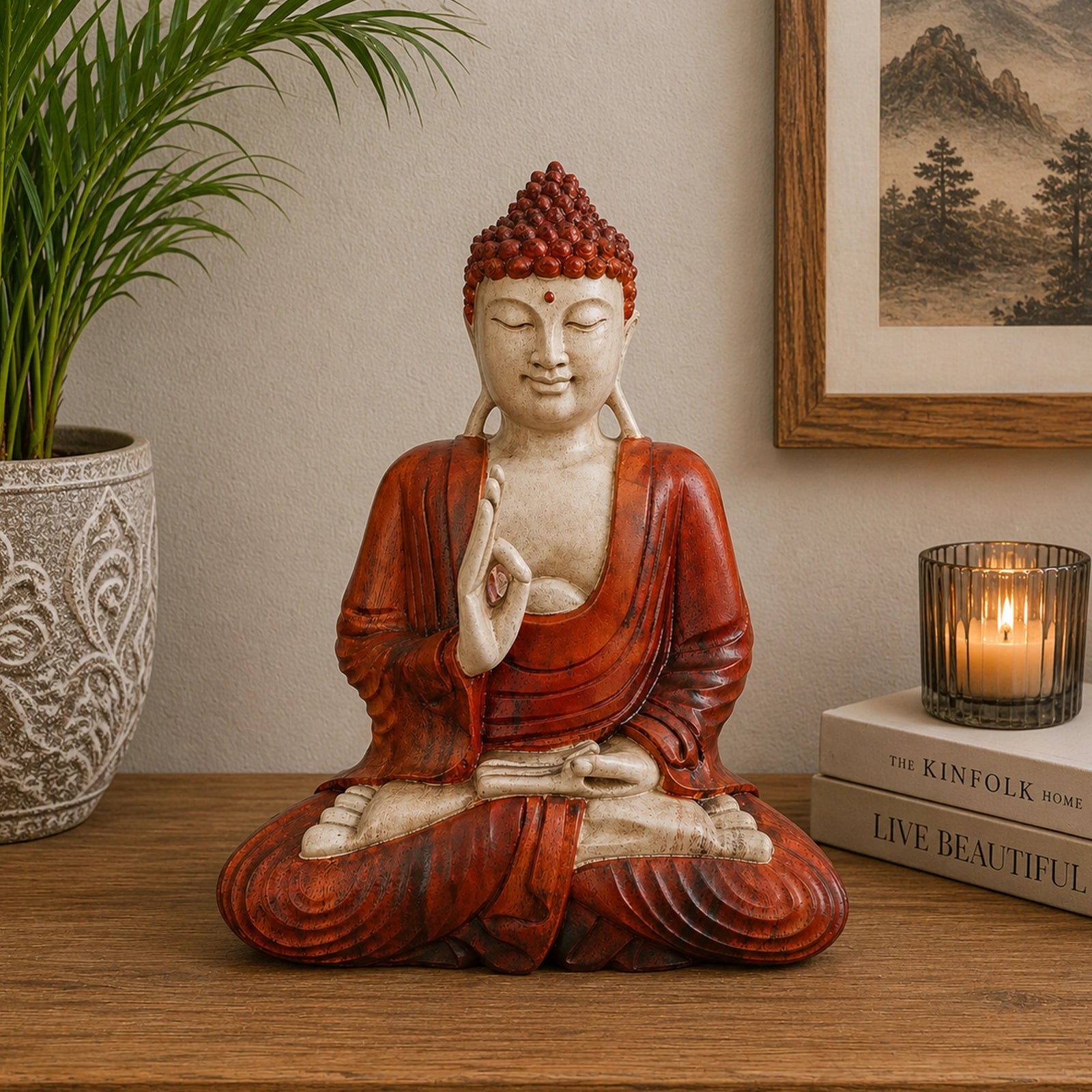 Hand Carved Wooden Buddha Statue - 30cm Teaching Transmission seated in meditation with detailed red robes, placed on a wooden surface beside a candle, plant, and framed artwork.