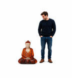 Man standing next to a Hand Carved Wooden Buddha Statue - 40cm Hand Down, showcasing its detailed craftsmanship and serene seated pose.