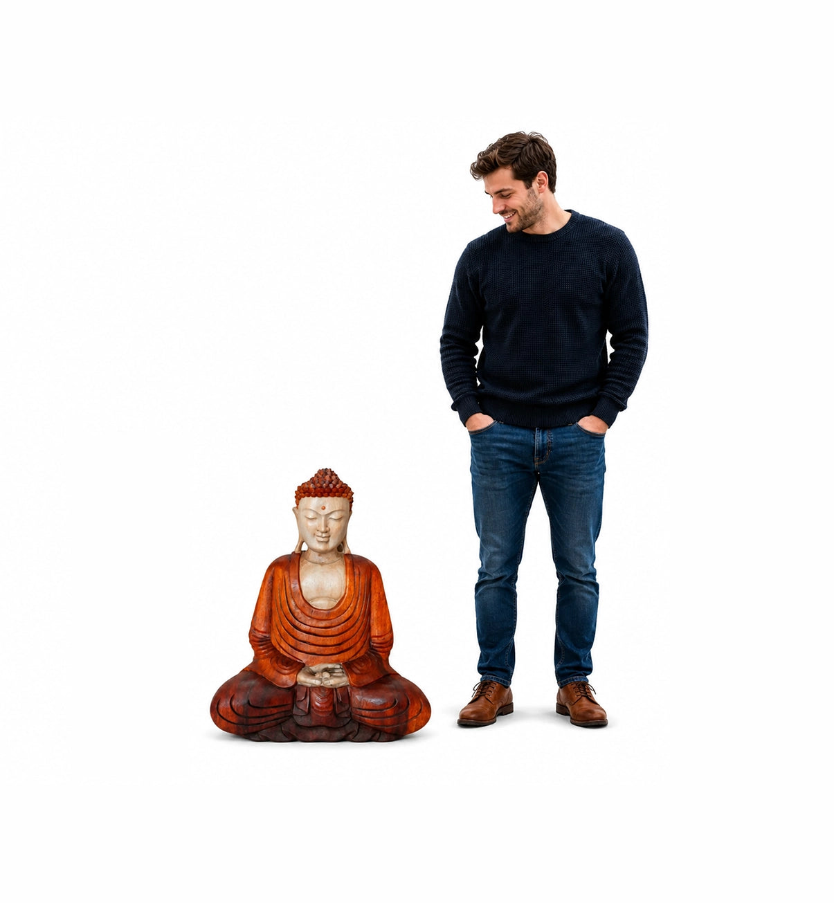 Hand Carved Wooden Buddha Statue - 40cm Hand Down