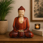 Hand Carved Wooden Buddha Statue - 40cm Hand Down seated on a wooden surface surrounded by a potted plant and books with a lit candle, creating a calming, spiritual decor scene.