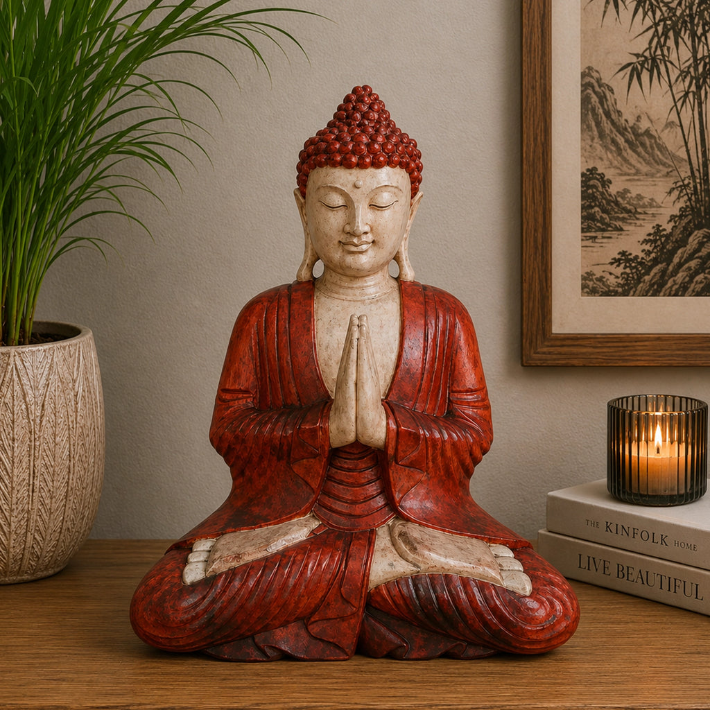 Hand Carved Wooden Buddha Statue - 40cm Welcome seated in meditation pose with hands in prayer, featuring detailed craftsmanship and warm red and cream tones, displayed on a wooden surface with decorative items.