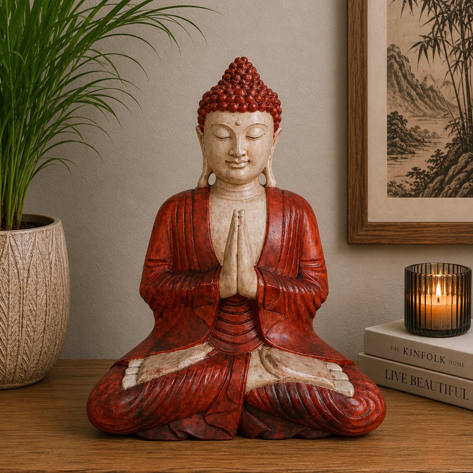 Hand Carved Wooden Buddha Statue - 40cm Welcome seated in meditation pose with hands in prayer, featuring detailed craftsmanship and warm red and cream tones, displayed on a wooden surface with decorative items.