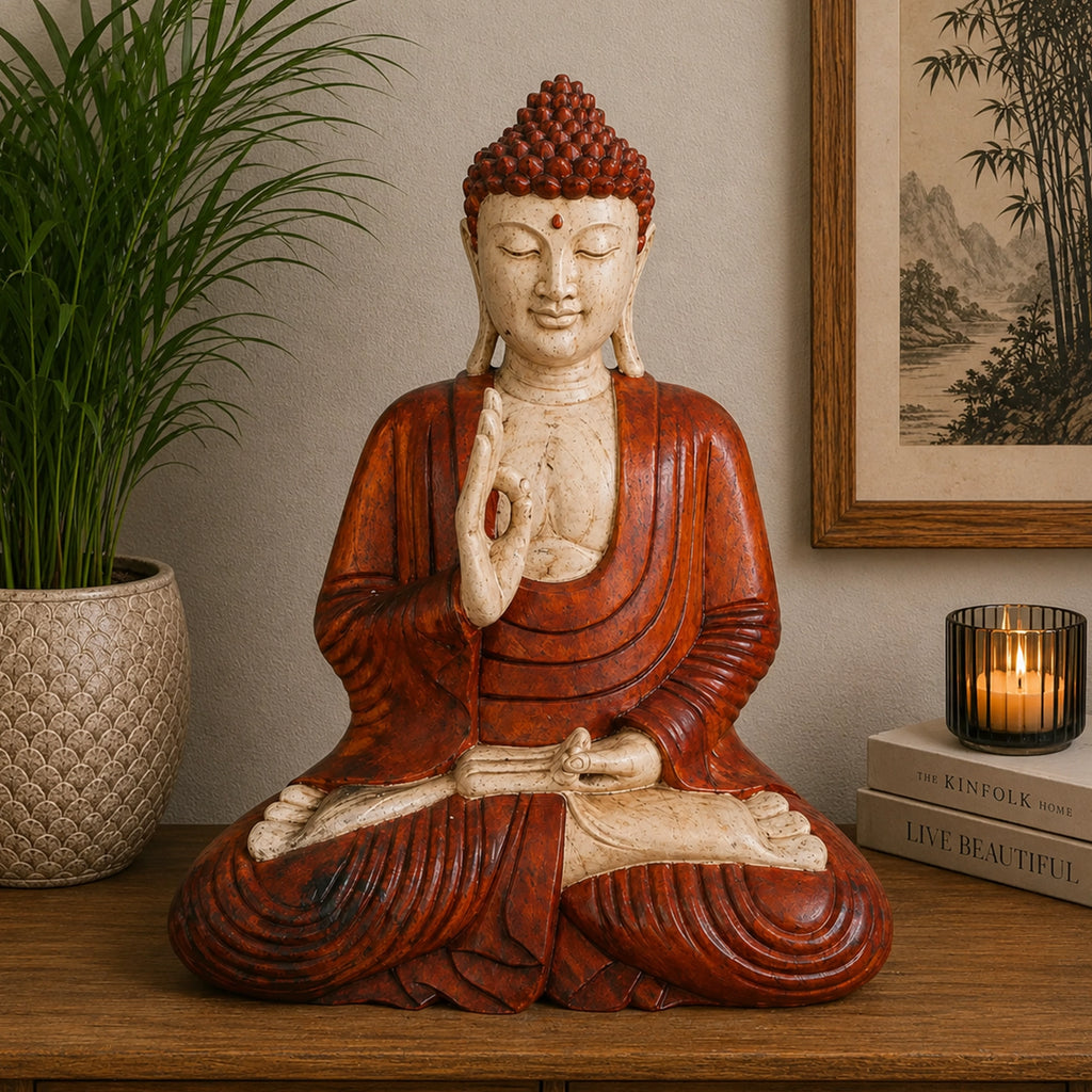 Hand Carved Wooden Buddha Statue - 60cm Teaching Transmission seated in meditation posture on a wooden surface with a plant and framed art in the background.
