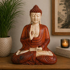 Hand Carved Wooden Buddha Statue - 60cm Teaching Transmission seated in meditation posture on a wooden surface with a plant and framed art in the background.