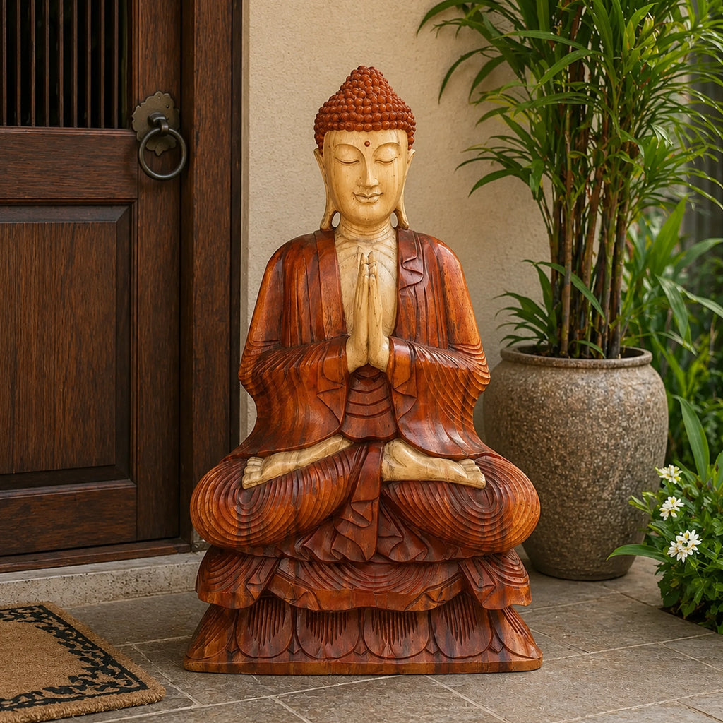 Hand Carved Wooden Buddha Statue - 80cm Welcome seated in meditation pose with hands in prayer, crafted from warm-toned wood, placed near a door and potted plant.
