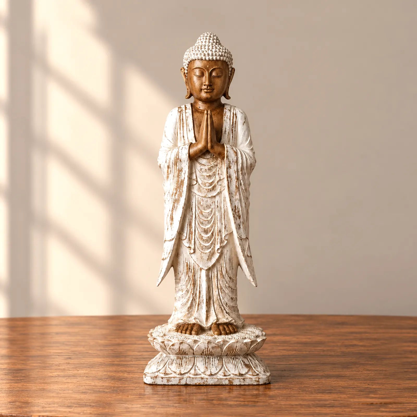 Hand Carved Wooden Buddha Statue Standing - Whitewash - 1m Welcome