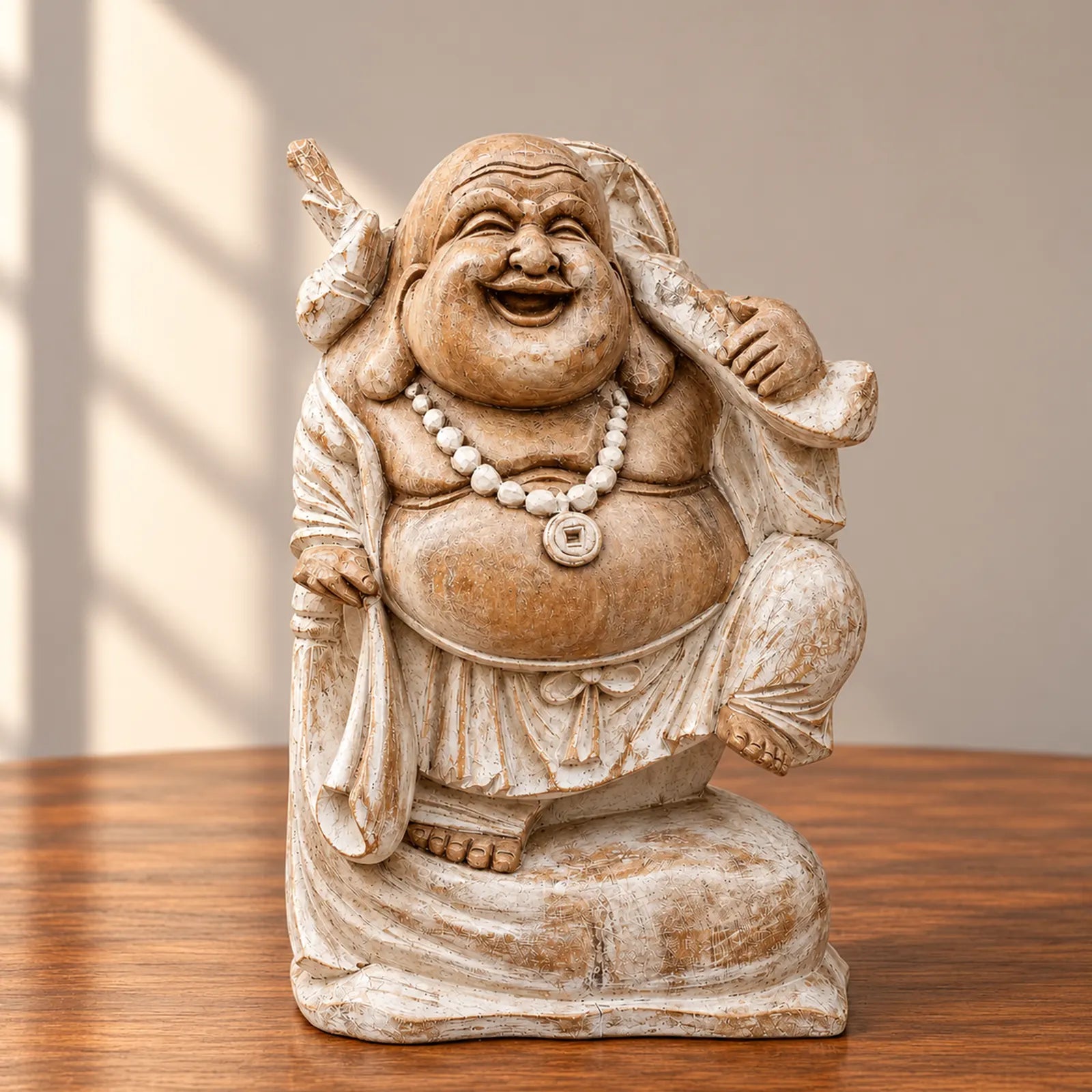 Hand Carved Wooden Happy Buddha Sitting Statue - Whitewash 30cm