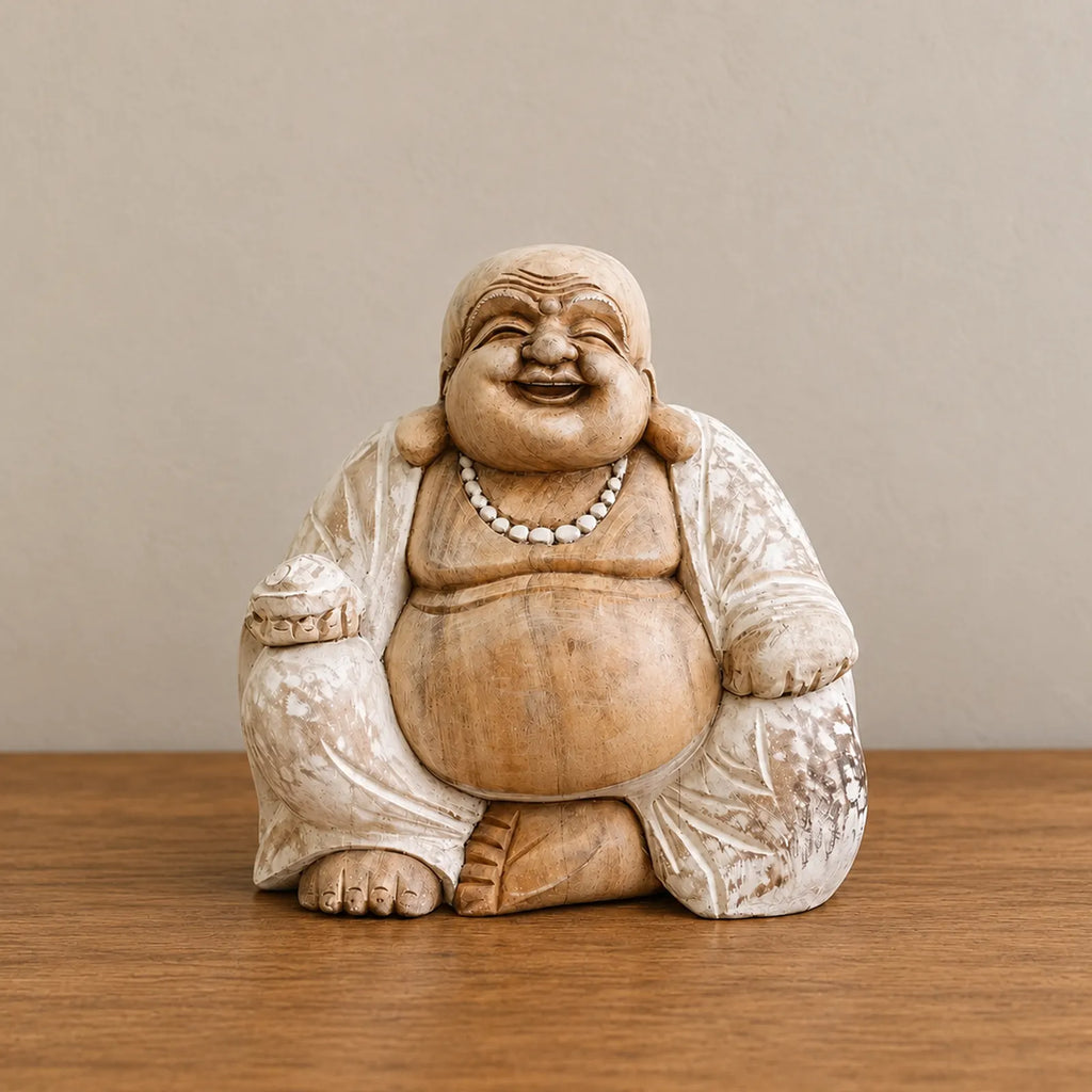 Hand Carved Wooden Happy Buddha Sitting Statue - Whitewash 30cm