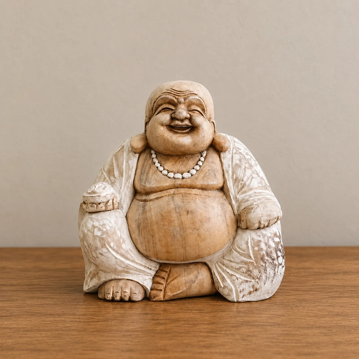 Hand Carved Wooden Happy Buddha Sitting Statue - Whitewash 30cm