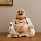Hand Carved Wooden Happy Buddha Sitting Statue - Whitewash 40cm