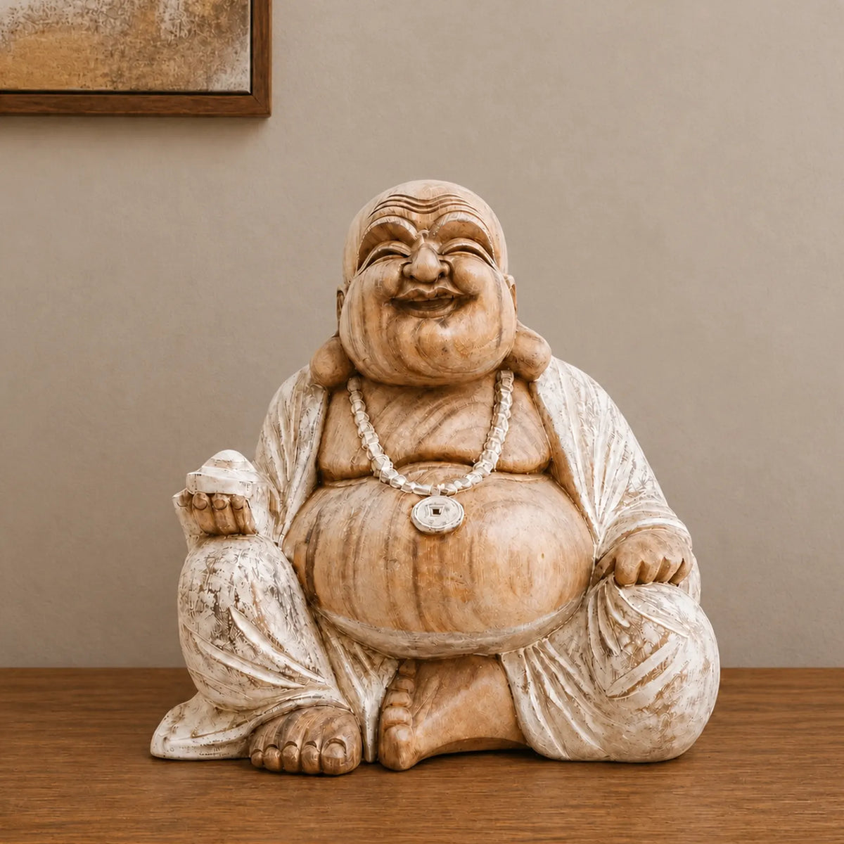 Hand Carved Wooden Happy Buddha Sitting Statue - Whitewash 40cm